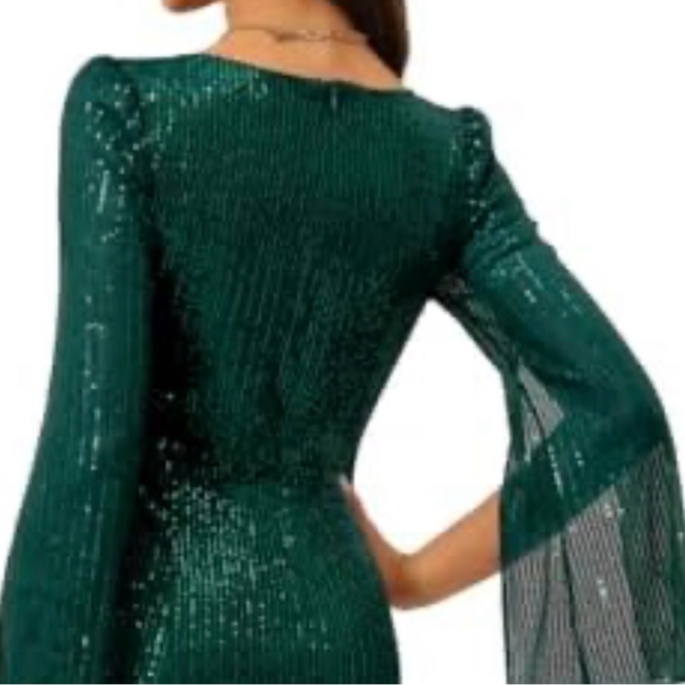 COOAN Green Sequin Bodycon Knee Length Dress Slit Sleeve V-Neck Women size L - Picture 7 of 7
